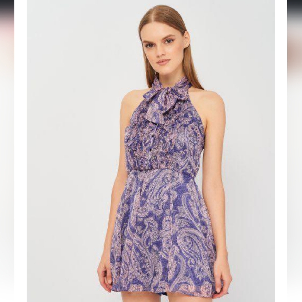 Zara Women's Mini Dress Romper Size Large Paisley Purple Pink Halter Jumpsuit